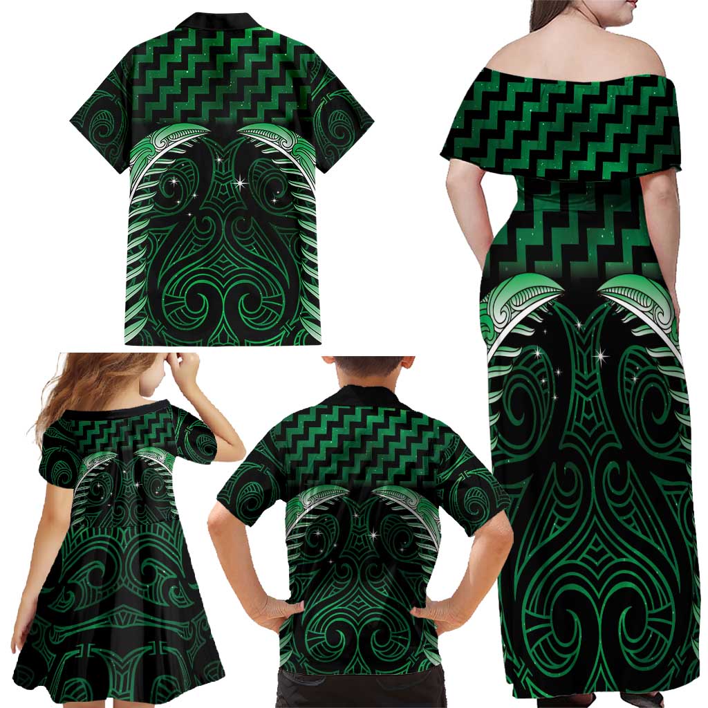Green Matariki New Zealand Family Matching Off Shoulder Maxi Dress and Hawaiian Shirt Maori Poutama Galaxy Vibes LT14 - Polynesian Pride