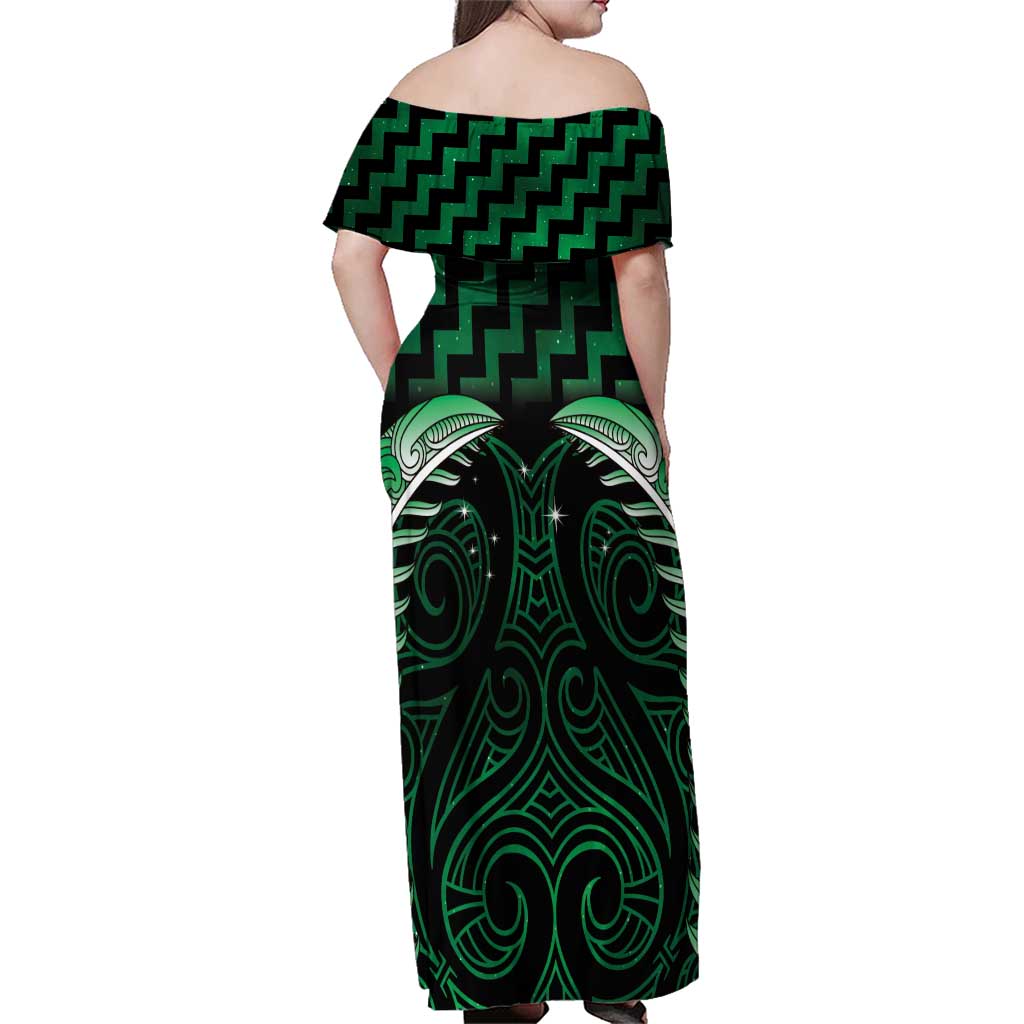Green Matariki New Zealand Family Matching Off Shoulder Maxi Dress and Hawaiian Shirt Maori Poutama Galaxy Vibes LT14 - Polynesian Pride