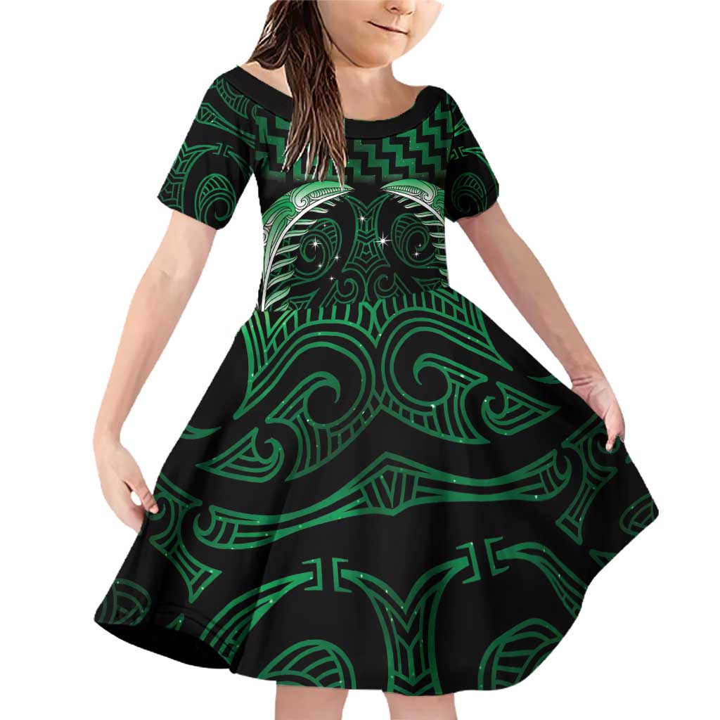 Green Matariki New Zealand Family Matching Off Shoulder Short Dress and Hawaiian Shirt Maori Poutama Galaxy Vibes LT14 Daughter's Dress Green - Polynesian Pride