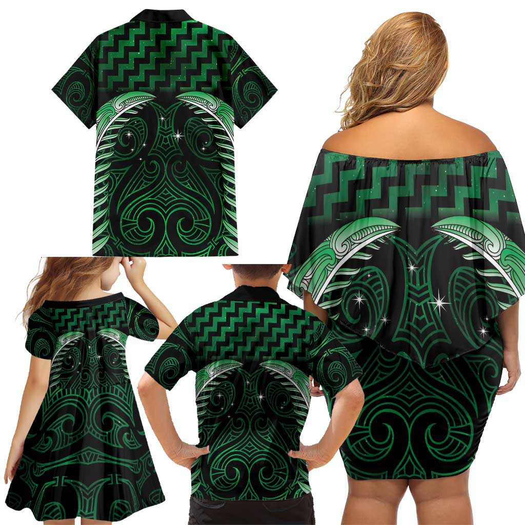 Green Matariki New Zealand Family Matching Off Shoulder Short Dress and Hawaiian Shirt Maori Poutama Galaxy Vibes LT14 - Polynesian Pride