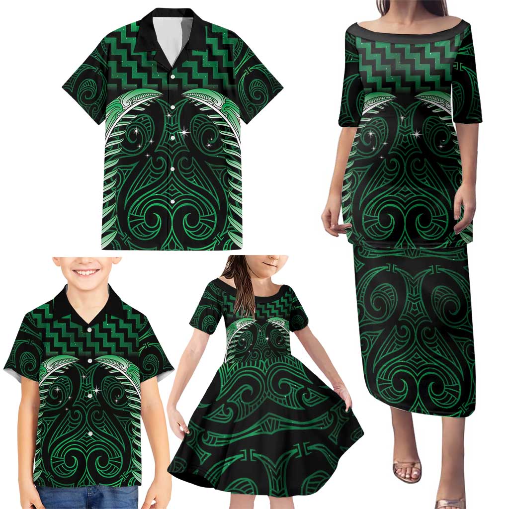 Green Matariki New Zealand Family Matching Puletasi and Hawaiian Shirt Maori Poutama Galaxy Vibes LT14 - Polynesian Pride