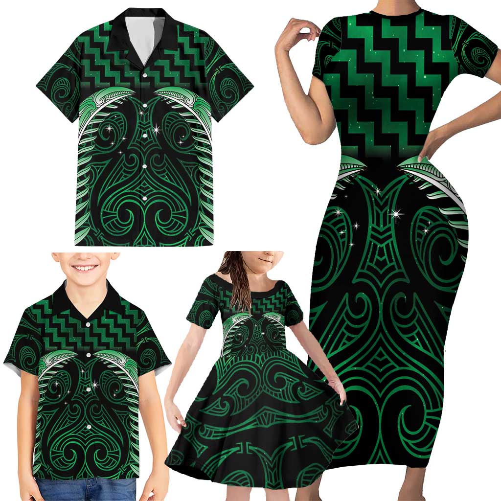 Green Matariki New Zealand Family Matching Short Sleeve Bodycon Dress and Hawaiian Shirt Maori Poutama Galaxy Vibes LT14 - Polynesian Pride