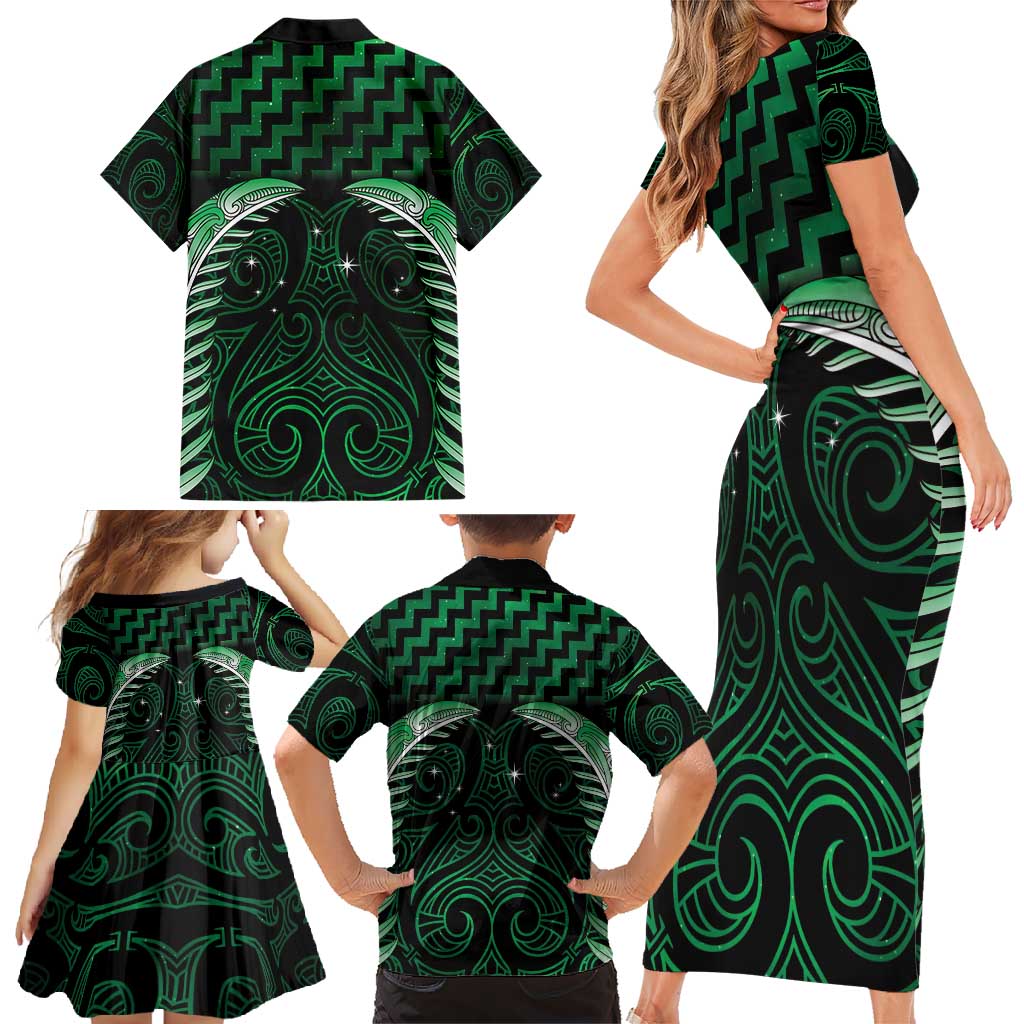 Green Matariki New Zealand Family Matching Short Sleeve Bodycon Dress and Hawaiian Shirt Maori Poutama Galaxy Vibes LT14 - Polynesian Pride