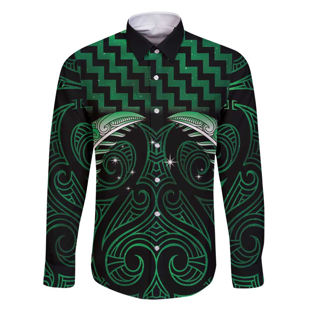 Green Matariki New Zealand Family Matching Short Sleeve Bodycon Dress and Hawaiian Shirt Maori Poutama Galaxy Vibes LT14 Dad's Shirt - Long Sleeve Green - Polynesian Pride