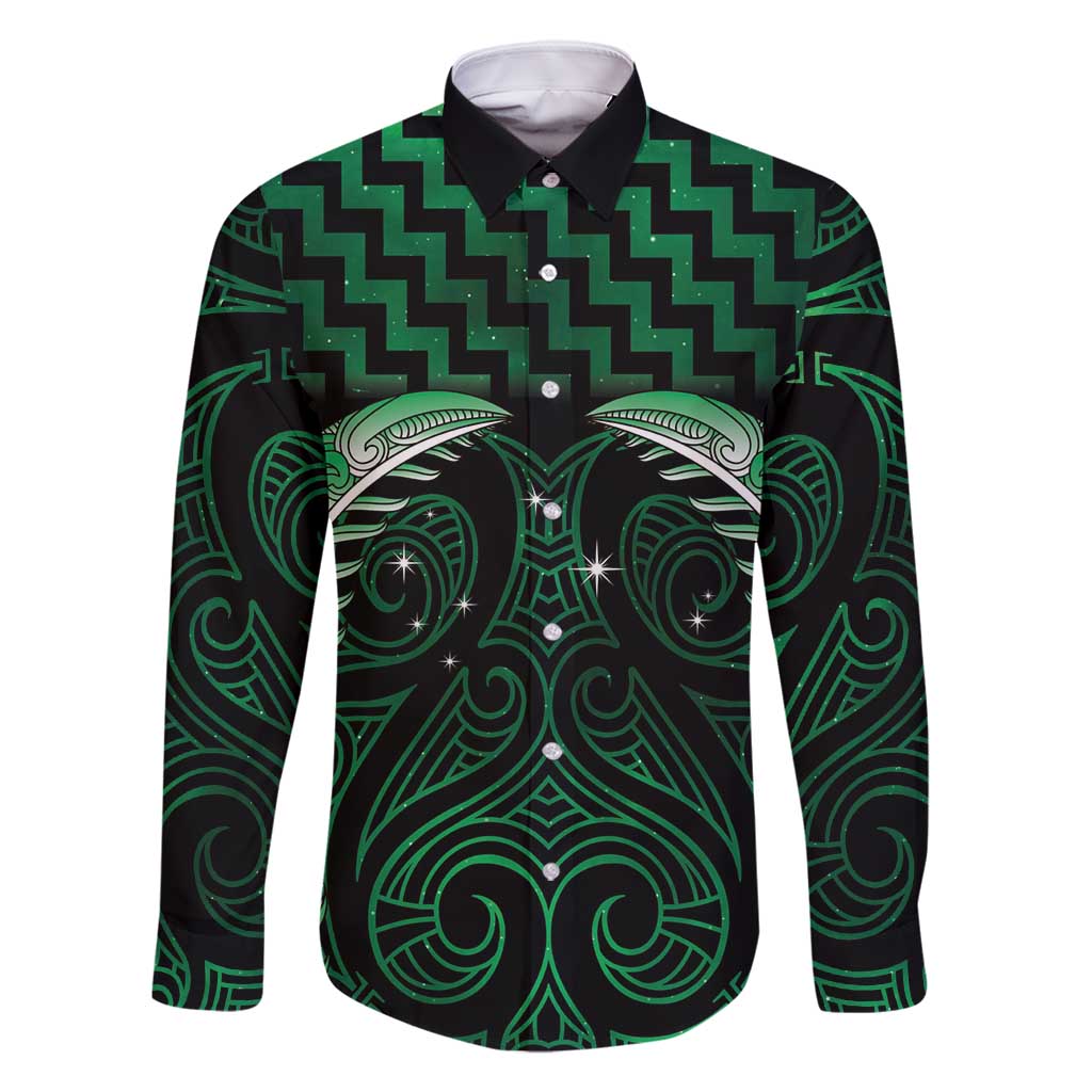 Green Matariki New Zealand Family Matching Summer Maxi Dress and Hawaiian Shirt Maori Poutama Galaxy Vibes LT14 Dad's Shirt - Long Sleeve Green - Polynesian Pride