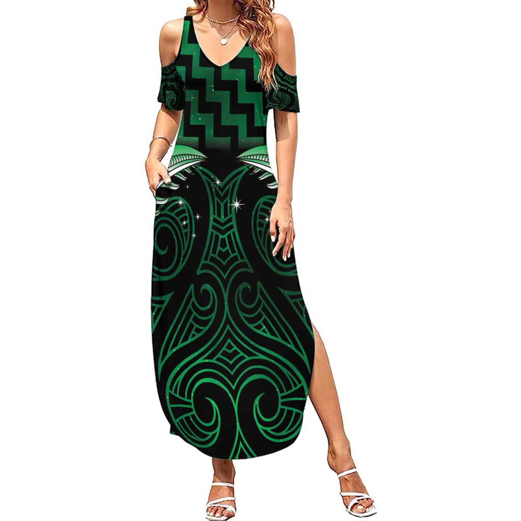 Green Matariki New Zealand Family Matching Summer Maxi Dress and Hawaiian Shirt Maori Poutama Galaxy Vibes LT14 Mom's Dress Green - Polynesian Pride