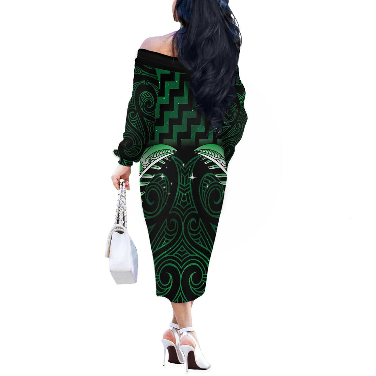 Green Matariki New Zealand Off The Shoulder Long Sleeve Dress Maori Poutama Galaxy Vibes LT14 - Polynesian Pride