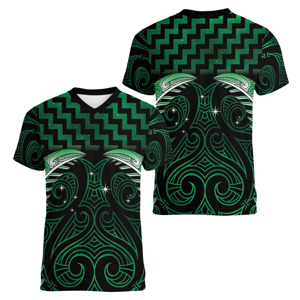 Green Matariki New Zealand Women V-Neck T-Shirt Maori Poutama Galaxy Vibes LT14 - Polynesian Pride