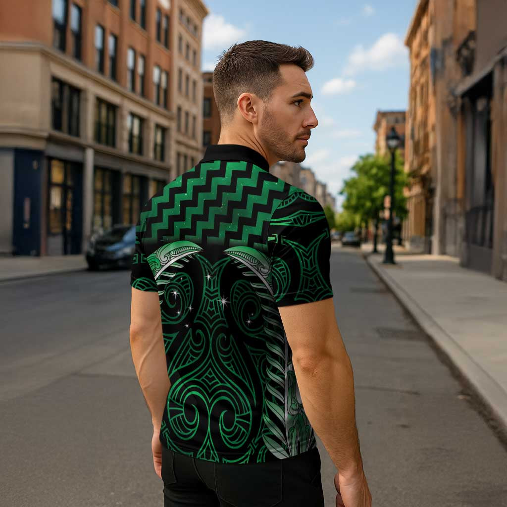 Green Matariki New Zealand Zipper Polo Shirt Maori Poutama Galaxy Vibes - Polynesian Pride