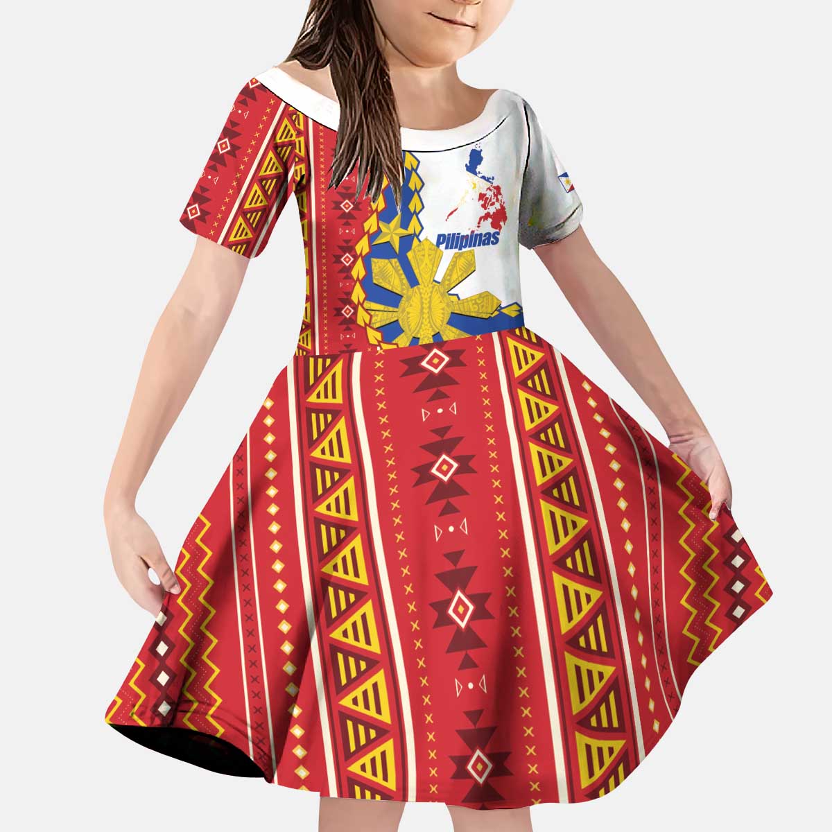 Philippines Independence Day Kid Short Sleeve Dress Pilipinas Sun Stars Igorot Pattern