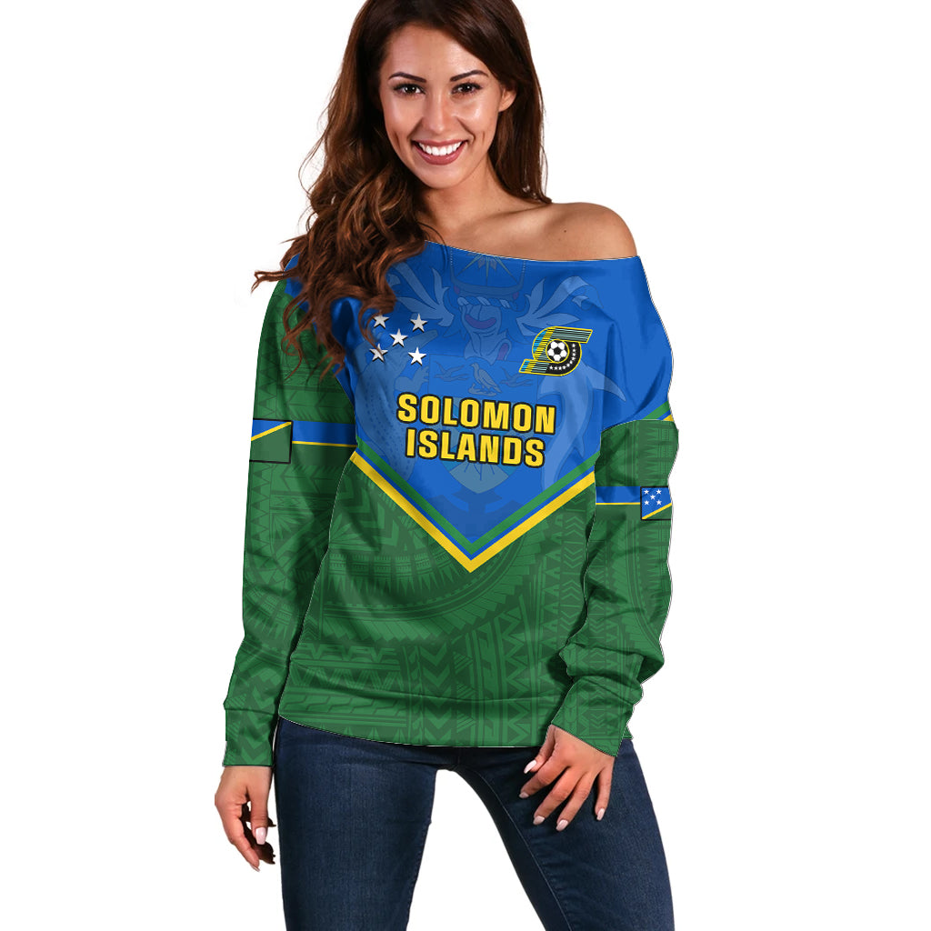 Solomon Islands Football Off Shoulder Sweater Polynesian Pattern Sporty Style LT14 Women Green - Polynesian Pride