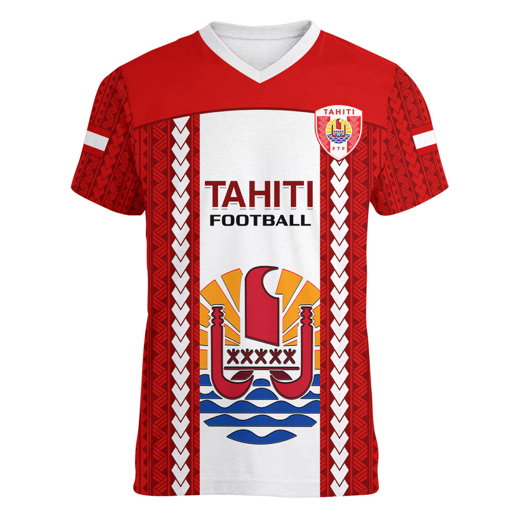 Tahitian Football Women V Neck T Shirt Tahiti Coat Of Arm Polynesian Sporty Style LT14 Female Red - Polynesian Pride