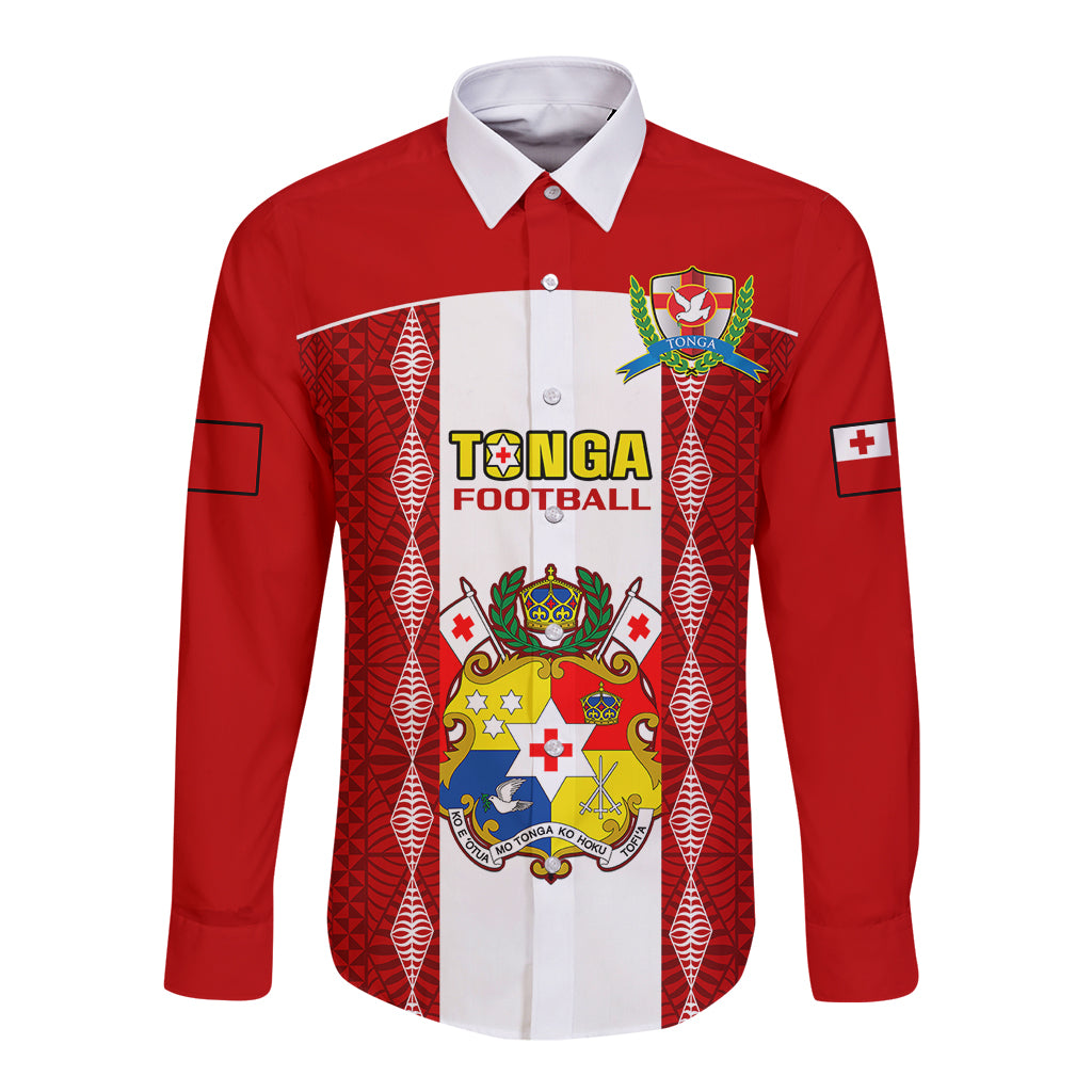 Tonga Football Long Sleeve Button Shirt Tongan Ngatu Pattern Sporty Style LT14 Unisex Red - Polynesian Pride