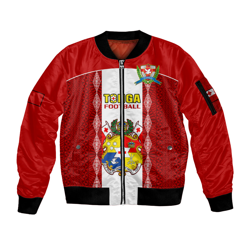 Personalised Tonga Football Sleeve Zip Bomber Jacket Tongan Ngatu Pattern Sporty Style LT14 Unisex Red - Polynesian Pride