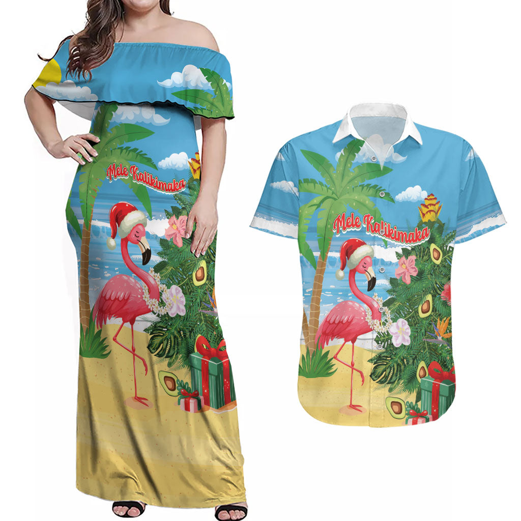 Flamingo Hawaii Summer Christmas Personalized Couples Matching Off Shoulder Maxi Dress and Hawaiian Shirt Mele Kalikimaka Beachy Vibes LT14 Blue - Polynesian Pride