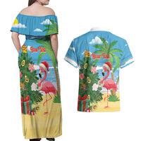 Flamingo Hawaii Summer Christmas Personalized Couples Matching Off Shoulder Maxi Dress and Hawaiian Shirt Mele Kalikimaka Beachy Vibes