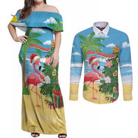Flamingo Hawaii Summer Christmas Personalized Couples Matching Off Shoulder Maxi Dress and Long Sleeve Button Shirt Mele Kalikimaka Beachy Vibes