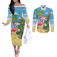 Flamingo Hawaii Summer Christmas Personalized Couples Matching Off The Shoulder Long Sleeve Dress and Long Sleeve Button Shirt Mele Kalikimaka Beachy Vibes