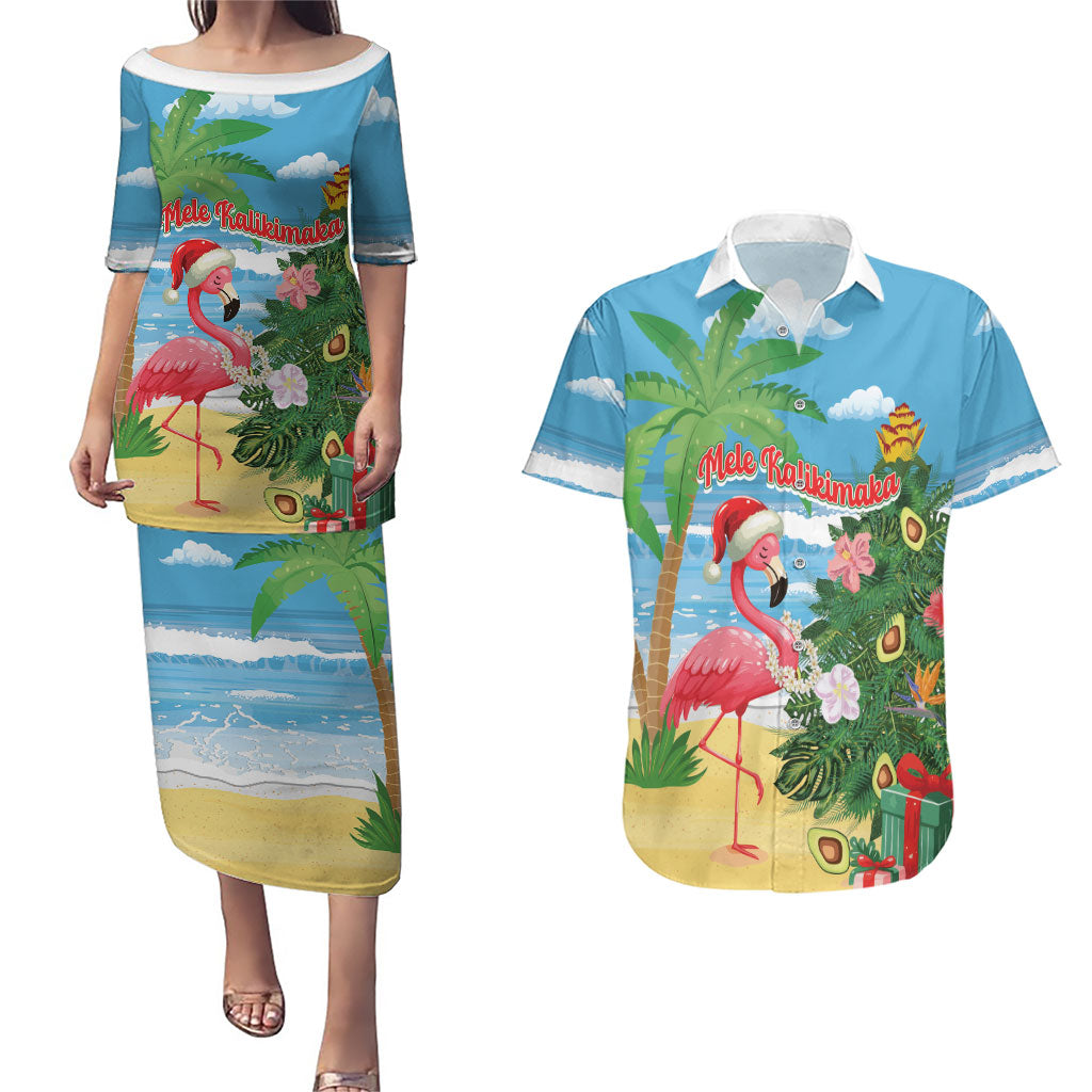 Flamingo Hawaii Summer Christmas Personalized Couples Matching Puletasi and Hawaiian Shirt Mele Kalikimaka Beachy Vibes LT14 Blue - Polynesian Pride