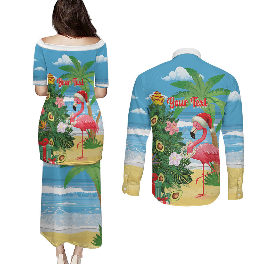 Flamingo Hawaii Summer Christmas Personalized Couples Matching Puletasi and Long Sleeve Button Shirt Mele Kalikimaka Beachy Vibes