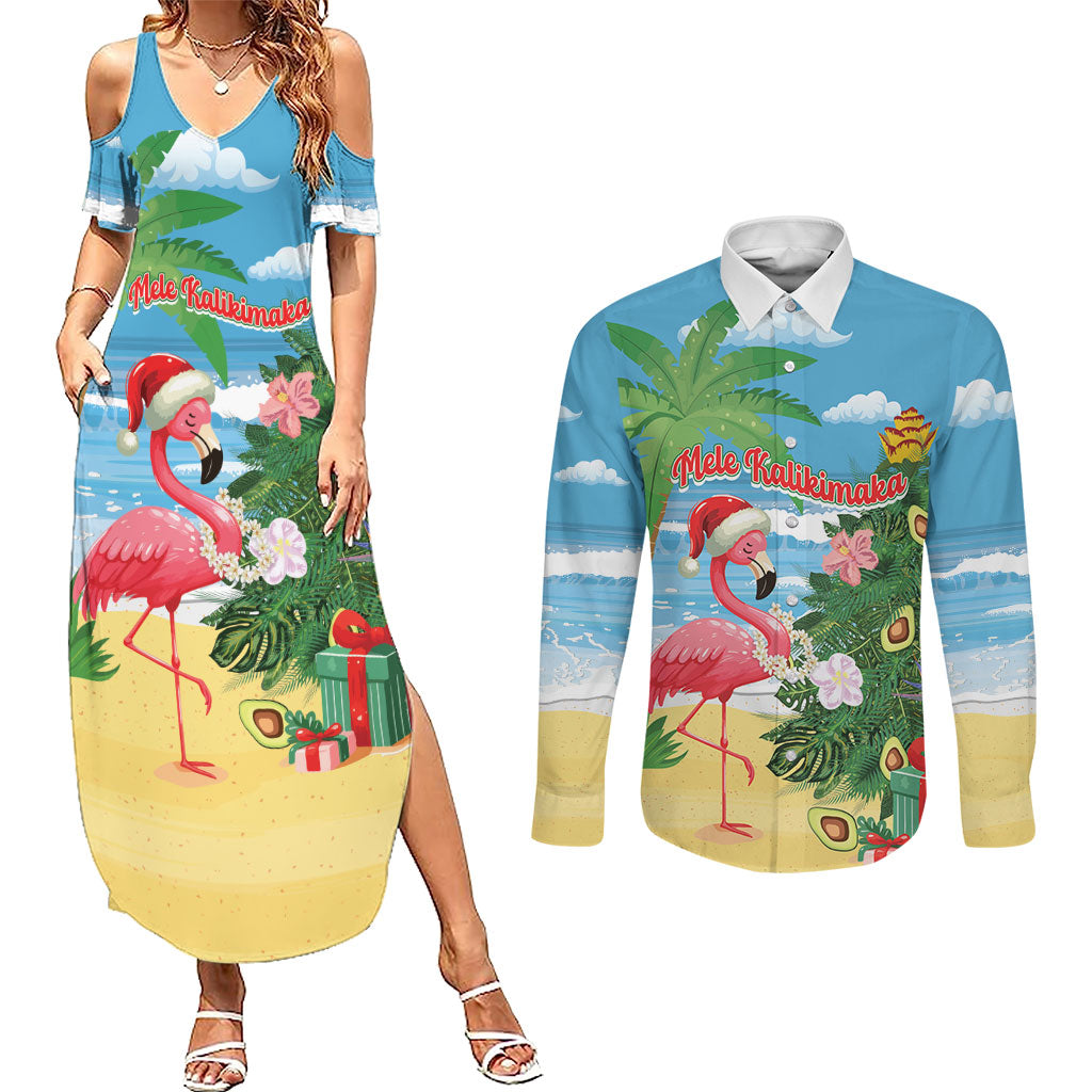 Flamingo Hawaii Summer Christmas Personalized Couples Matching Summer Maxi Dress and Long Sleeve Button Shirt Mele Kalikimaka Beachy Vibes