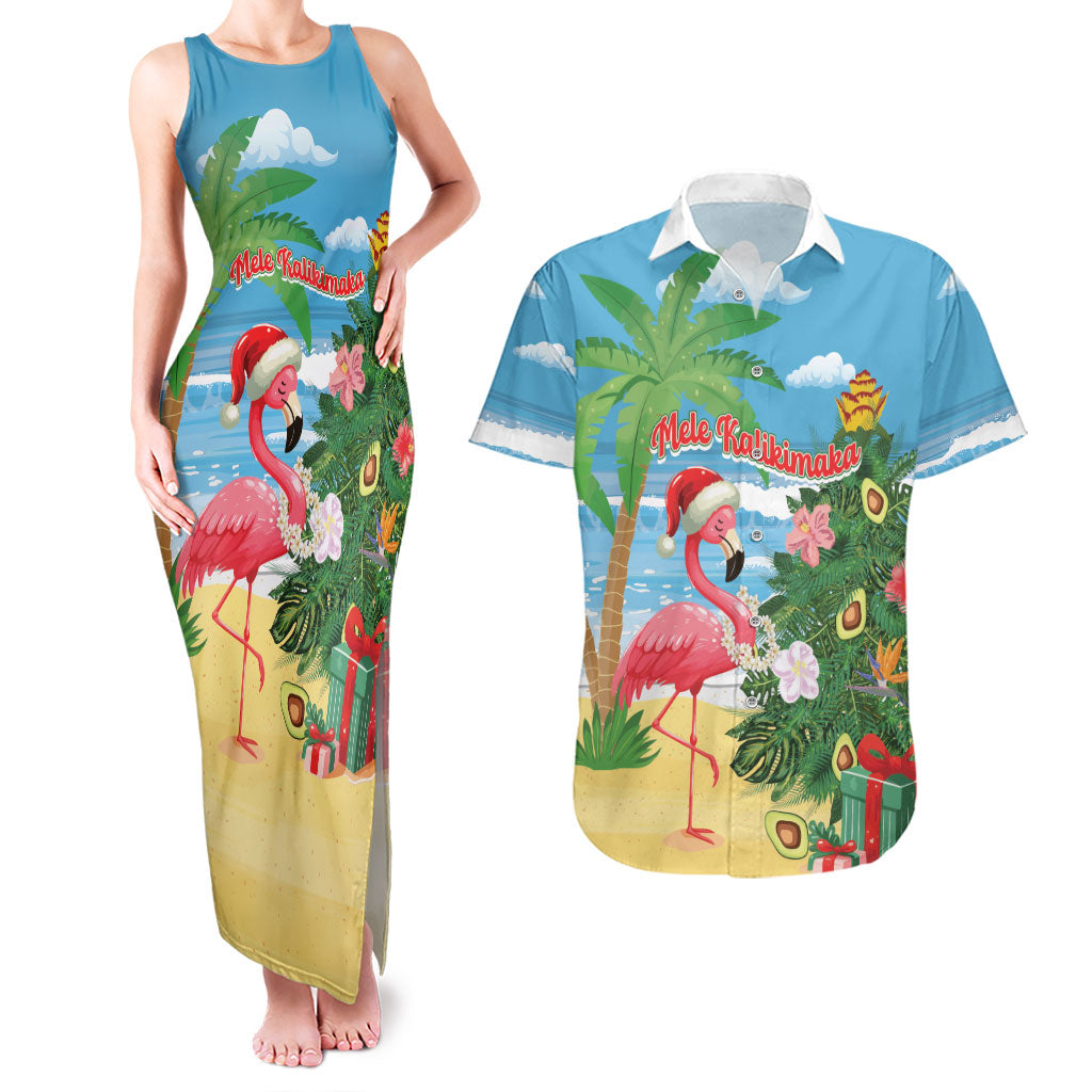Flamingo Hawaii Summer Christmas Personalized Couples Matching Tank Maxi Dress and Hawaiian Shirt Mele Kalikimaka Beachy Vibes LT14 Blue - Polynesian Pride