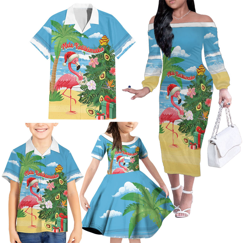 Flamingo Hawaii Summer Christmas Personalized Family Matching Off The Shoulder Long Sleeve Dress and Hawaiian Shirt Mele Kalikimaka Beachy Vibes LT14 - Polynesian Pride