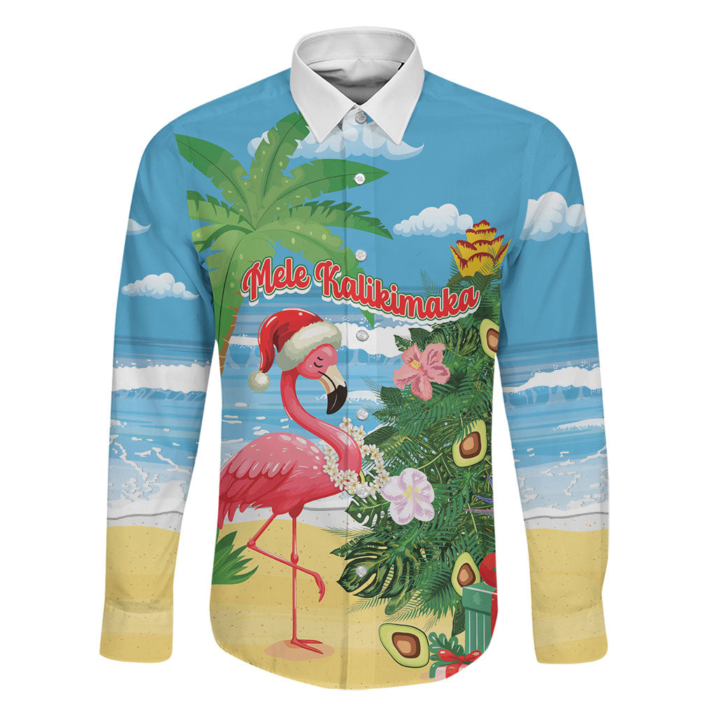 Flamingo Hawaii Summer Christmas Personalized Family Matching Off Shoulder Maxi Dress and Hawaiian Shirt Mele Kalikimaka Beachy Vibes LT14 Dad's Shirt - Long Sleeve Blue - Polynesian Pride