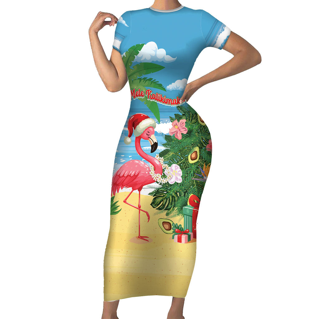 Flamingo Hawaii Summer Christmas Personalized Family Matching Short Sleeve Bodycon Dress and Hawaiian Shirt Mele Kalikimaka Beachy Vibes LT14 Mom's Dress Blue - Polynesian Pride