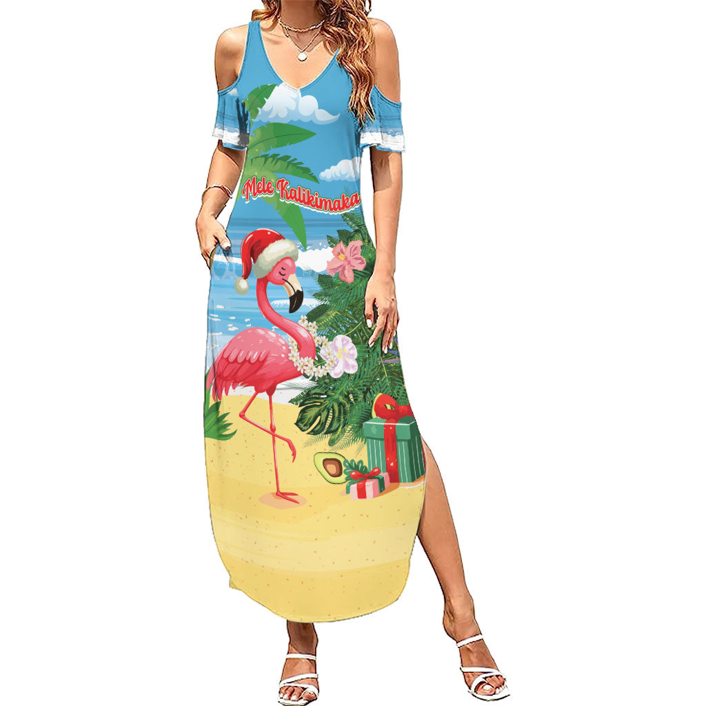 Flamingo Hawaii Summer Christmas Personalized Family Matching Summer Maxi Dress and Hawaiian Shirt Mele Kalikimaka Beachy Vibes LT14 Mom's Dress Blue - Polynesian Pride