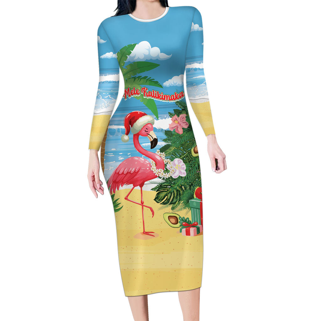 Flamingo Hawaii Summer Christmas Personalized Long Sleeve Bodycon Dress Mele Kalikimaka Beachy Vibes LT14 Long Dress Blue - Polynesian Pride