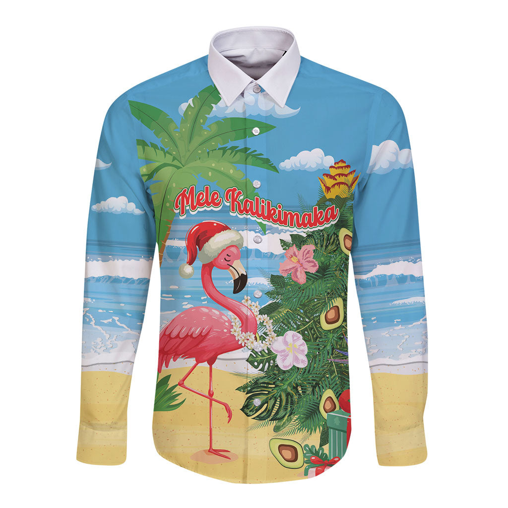 Flamingo Hawaii Summer Christmas Personalized Long Sleeve Button Shirt Mele Kalikimaka Beachy Vibes LT14 Unisex Blue - Polynesian Pride