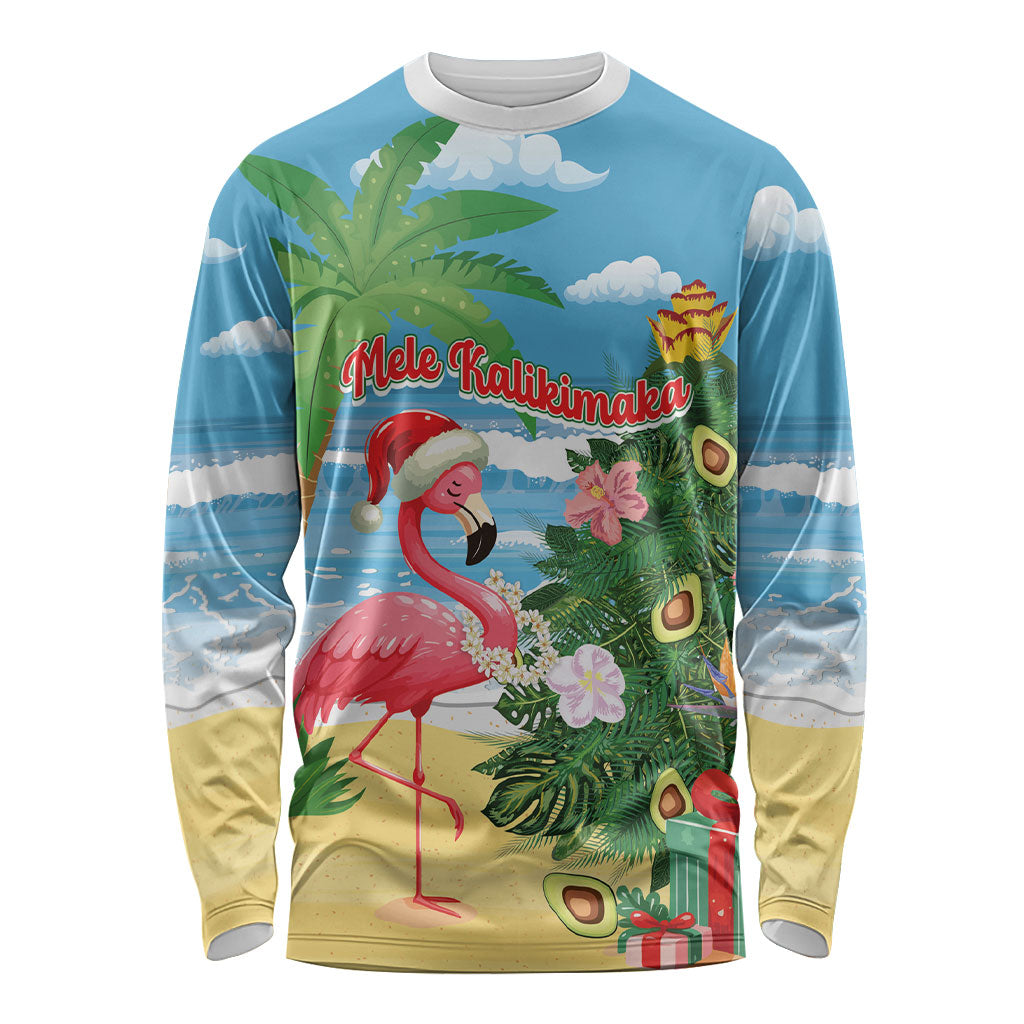 Flamingo Hawaii Summer Christmas Personalized Long Sleeve Shirt Mele Kalikimaka Beachy Vibes LT14 Unisex Blue - Polynesian Pride