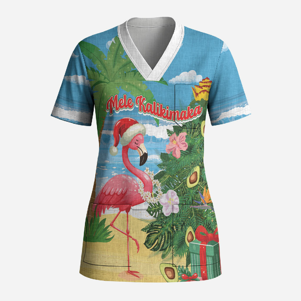 Flamingo Hawaii Summer Christmas Personalized Scrub Top Mele Kalikimaka Beachy Vibes LT14 Adult Blue - Polynesian Pride