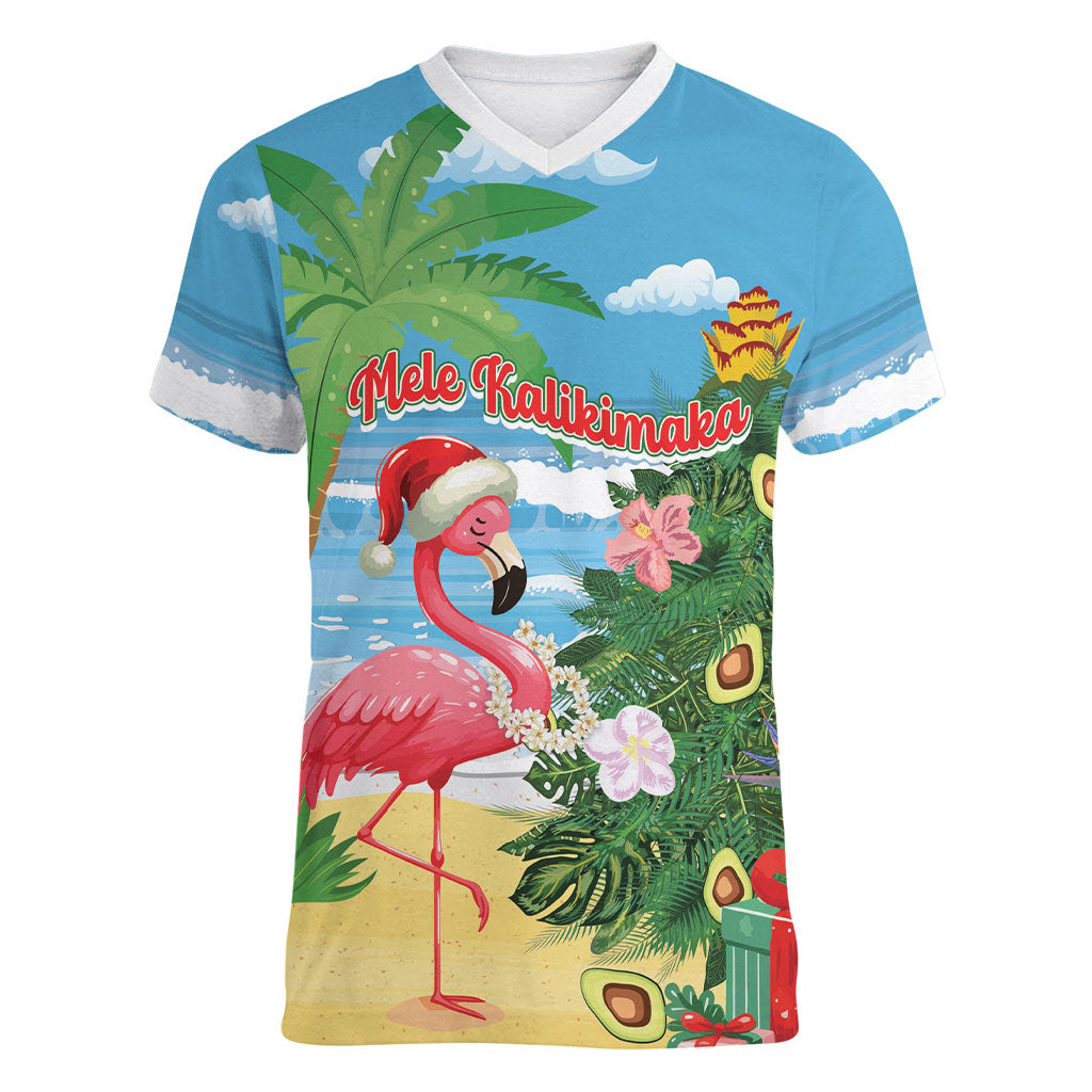 Flamingo Hawaii Summer Christmas Personalized Women V-Neck T-Shirt Mele Kalikimaka Beachy Vibes