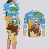 Chilling Parrot Hawaii Summer Christmas Personalized Couples Matching Long Sleeve Bodycon Dress and Long Sleeve Button Shirt It's 5 O'Clock Somewhere Beachy Vibes