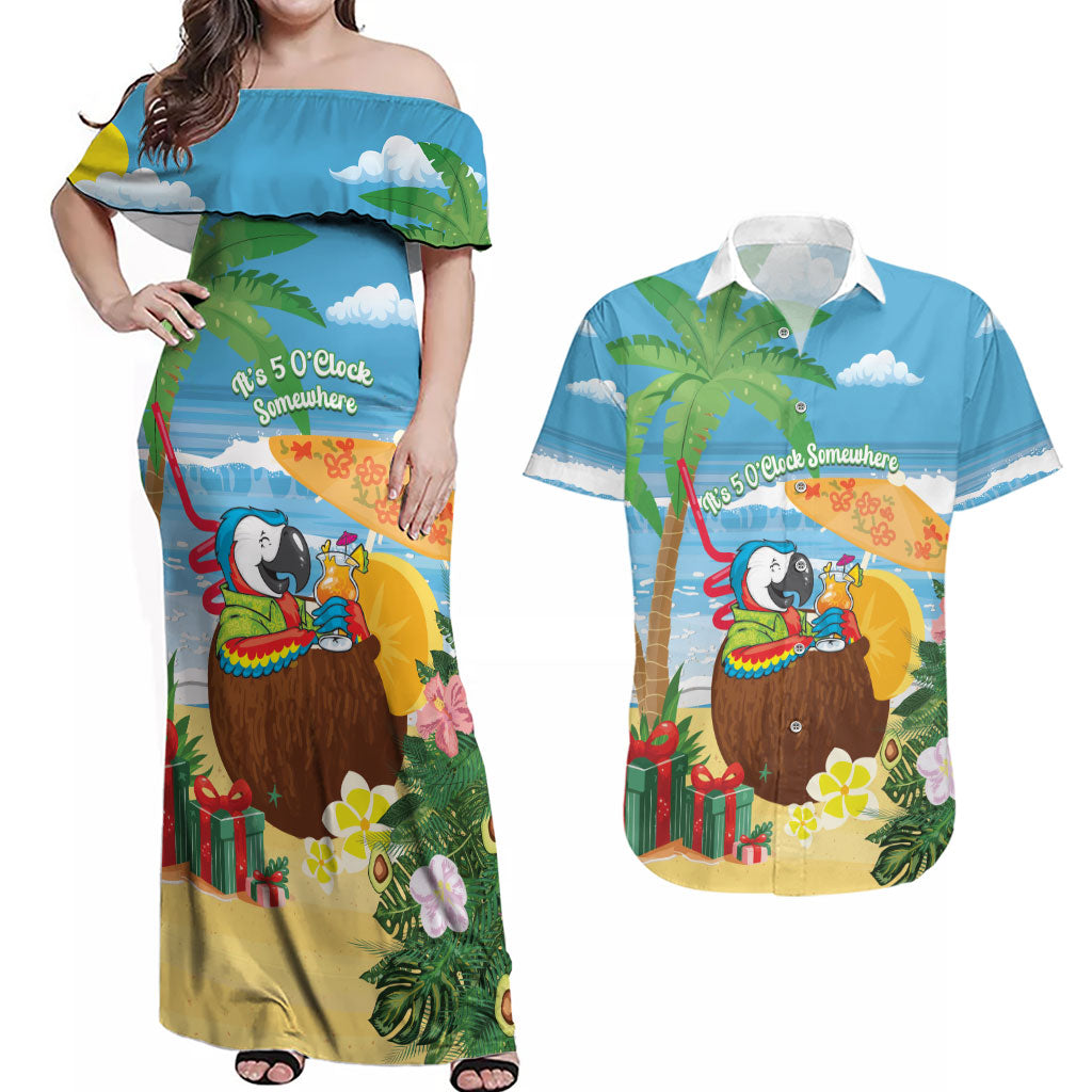 Chilling Parrot Hawaii Summer Christmas Personalized Couples Matching Off Shoulder Maxi Dress and Hawaiian Shirt It's 5 O'Clock Somewhere Beachy Vibes LT14 Blue - Polynesian Pride