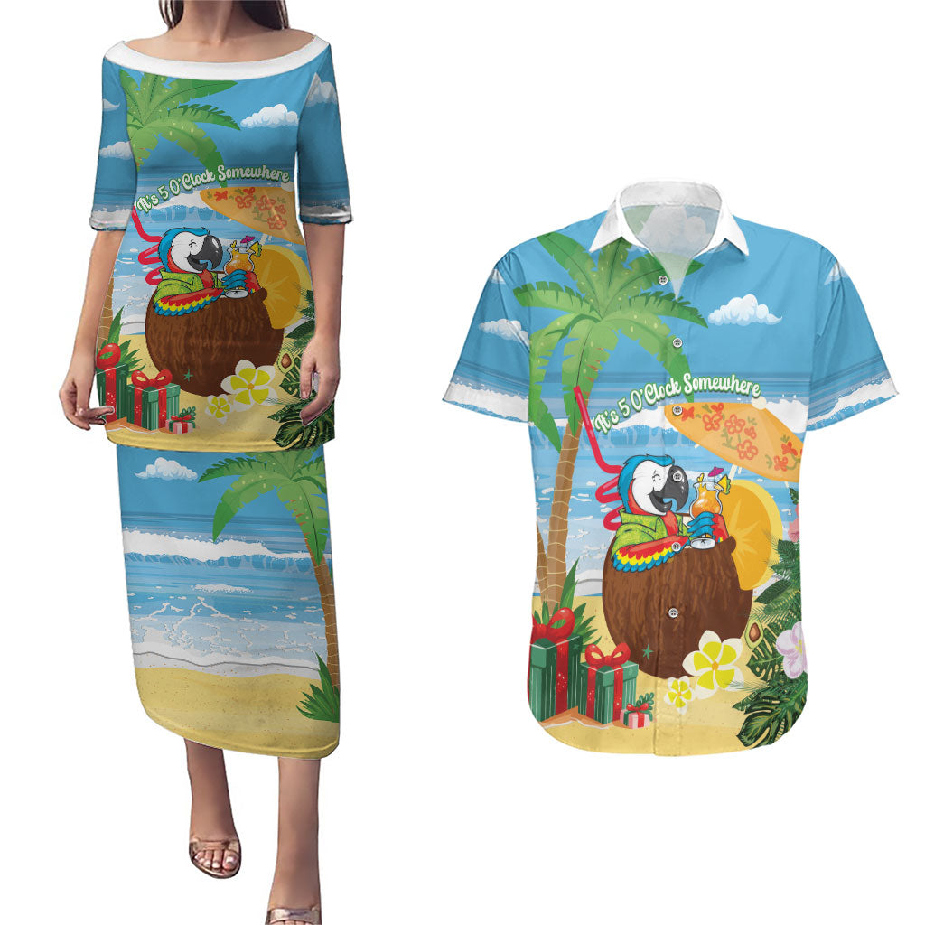 Chilling Parrot Hawaii Summer Christmas Personalized Couples Matching Puletasi and Hawaiian Shirt It's 5 O'Clock Somewhere Beachy Vibes LT14 Blue - Polynesian Pride