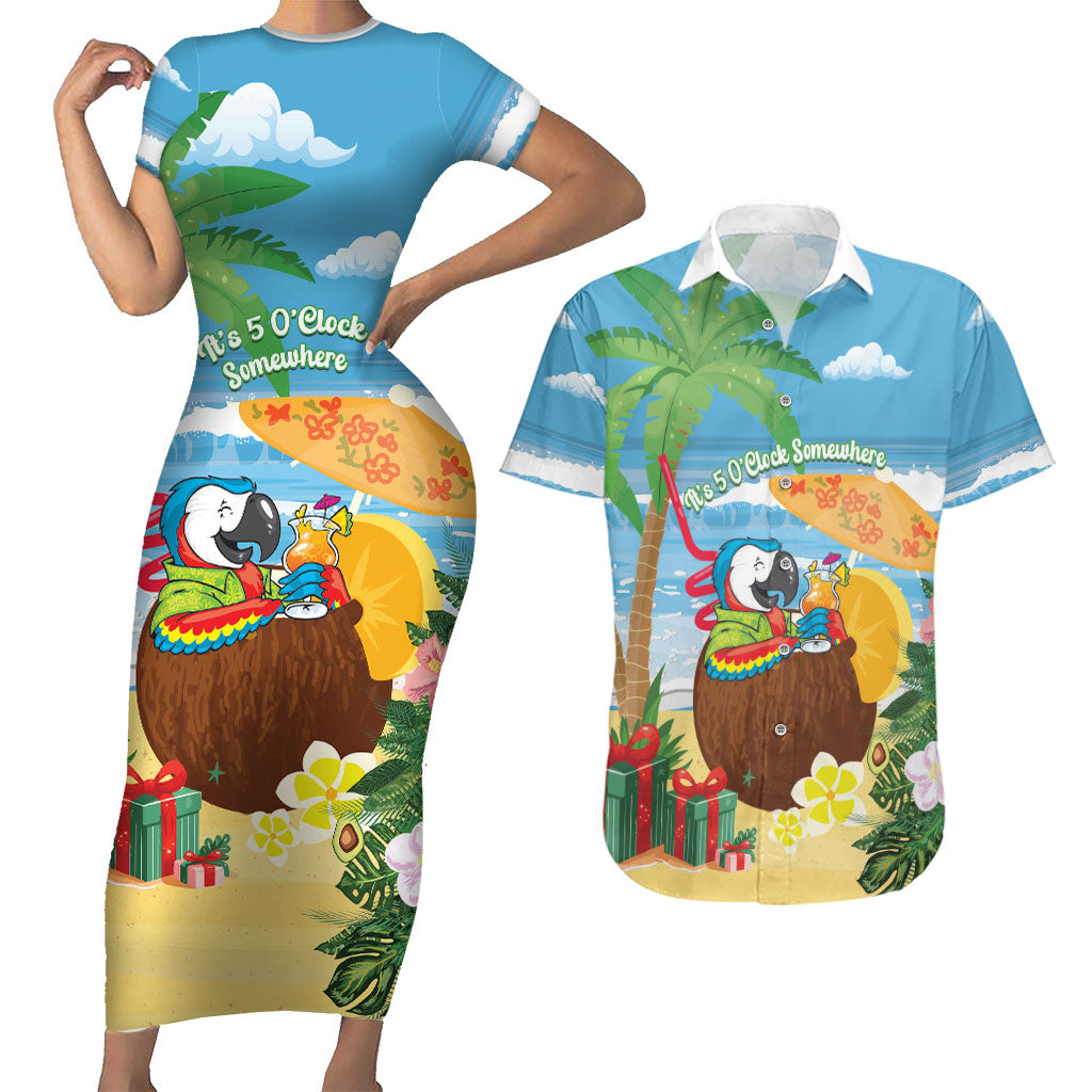Chilling Parrot Hawaii Summer Christmas Personalized Couples Matching Short Sleeve Bodycon Dress and Hawaiian Shirt It's 5 O'Clock Somewhere Beachy Vibes