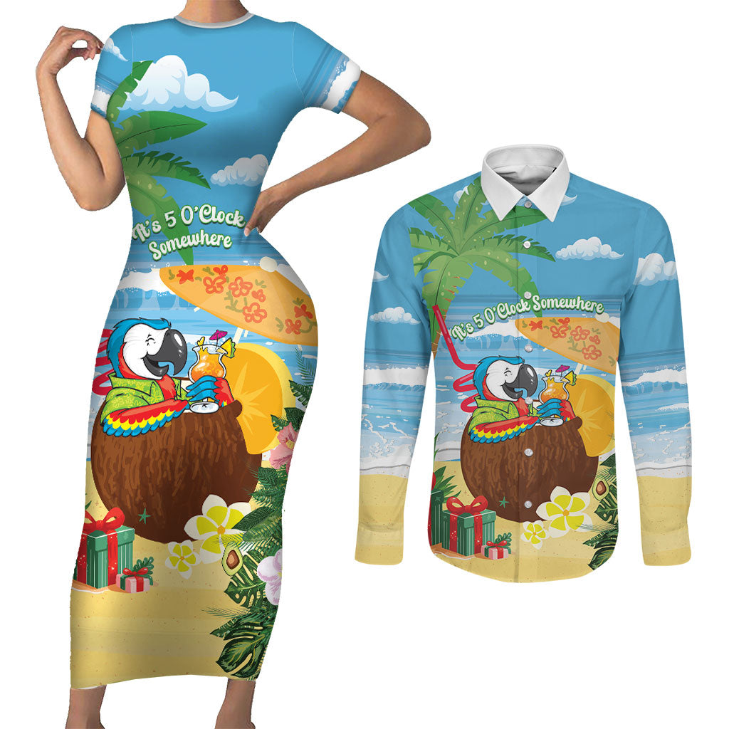 Chilling Parrot Hawaii Summer Christmas Personalized Couples Matching Short Sleeve Bodycon Dress and Long Sleeve Button Shirt It's 5 O'Clock Somewhere Beachy Vibes