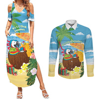Chilling Parrot Hawaii Summer Christmas Personalized Couples Matching Summer Maxi Dress and Long Sleeve Button Shirt It's 5 O'Clock Somewhere Beachy Vibes