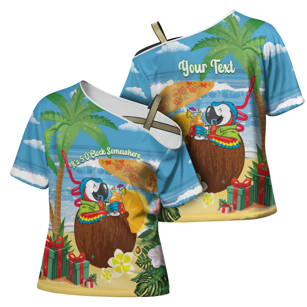 Chilling Parrot Hawaii Summer Christmas Personalized Cross Shoulder Shirt It's 5 O'Clock Somewhere Beachy Vibes