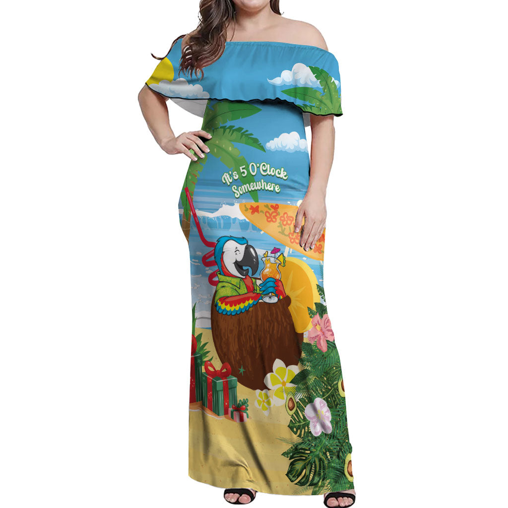 Chilling Parrot Hawaii Summer Christmas Personalized Off Shoulder Maxi Dress It's 5 O'Clock Somewhere Beachy Vibes LT14 Women Blue - Polynesian Pride