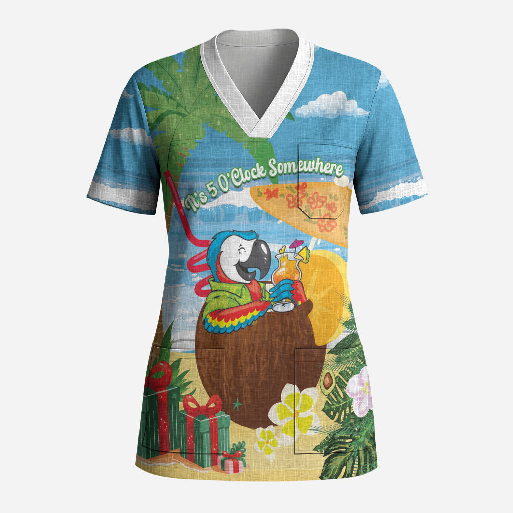Chilling Parrot Hawaii Summer Christmas Personalized Scrub Top It's 5 O'Clock Somewhere Beachy Vibes LT14 Adult Blue - Polynesian Pride
