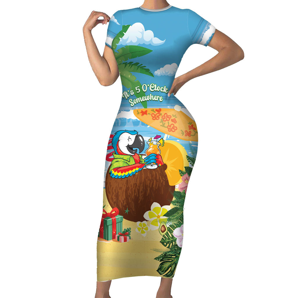 Chilling Parrot Hawaii Summer Christmas Personalized Short Sleeve Bodycon Dress It's 5 O'Clock Somewhere Beachy Vibes LT14 Long Dress Blue - Polynesian Pride