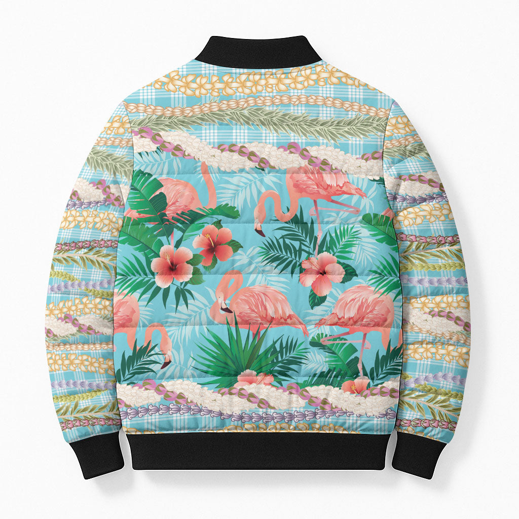 Flamingo Hawaii Summer Bomber Puffer Jacket Hawaiian Lei Pakala Motifs Tropical Style