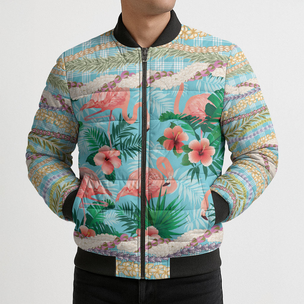Flamingo Hawaii Summer Bomber Puffer Jacket Hawaiian Lei Pakala Motifs Tropical Style