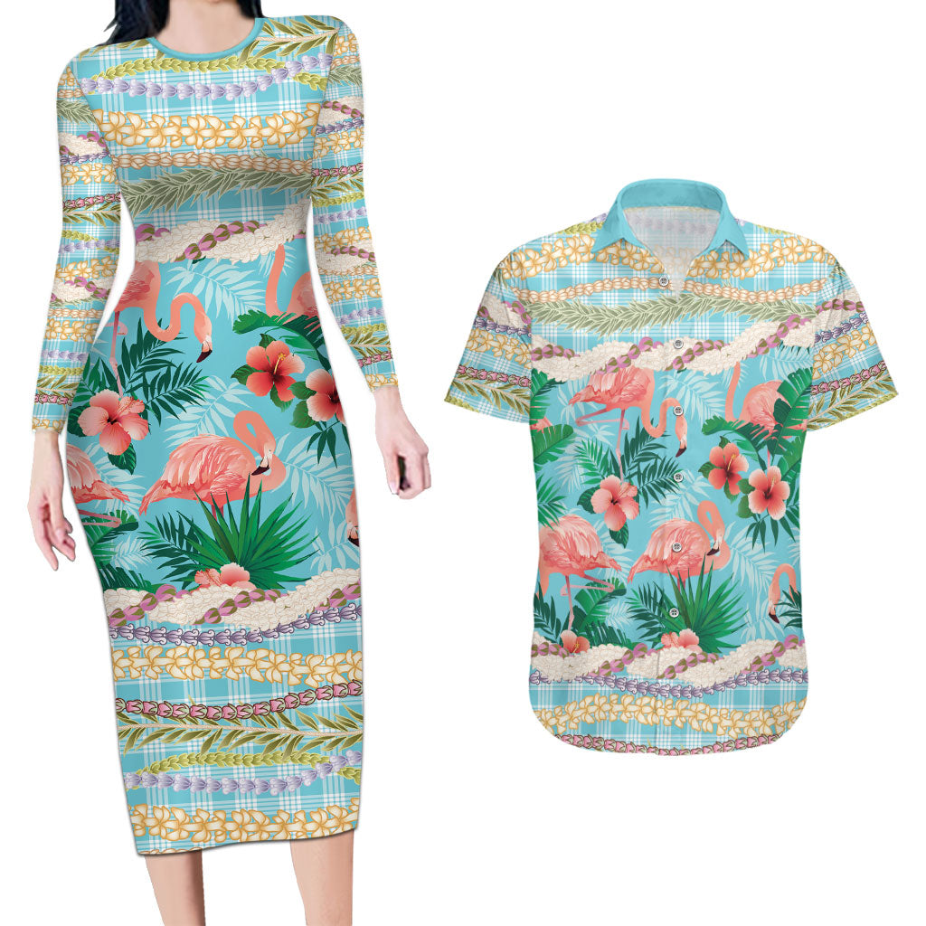 Flamingo Hawaii Summer Couples Matching Long Sleeve Bodycon Dress and Hawaiian Shirt Hawaiian Lei Pakala Motifs Tropical Style LT14 Cyan - Polynesian Pride