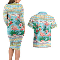 Flamingo Hawaii Summer Couples Matching Long Sleeve Bodycon Dress and Hawaiian Shirt Hawaiian Lei Pakala Motifs Tropical Style LT14 - Polynesian Pride