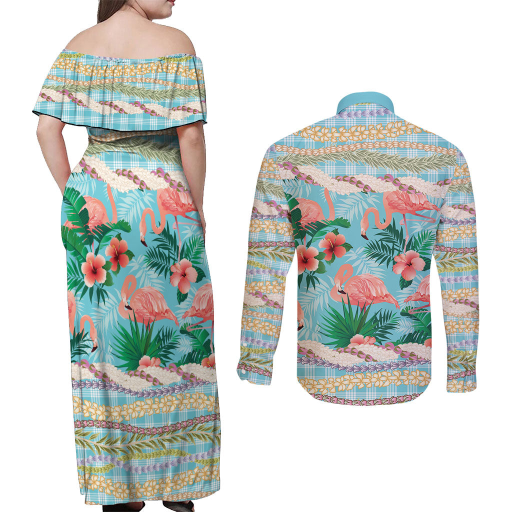 Flamingo Hawaii Summer Couples Matching Off Shoulder Maxi Dress and Long Sleeve Button Shirt Hawaiian Lei Pakala Motifs Tropical Style